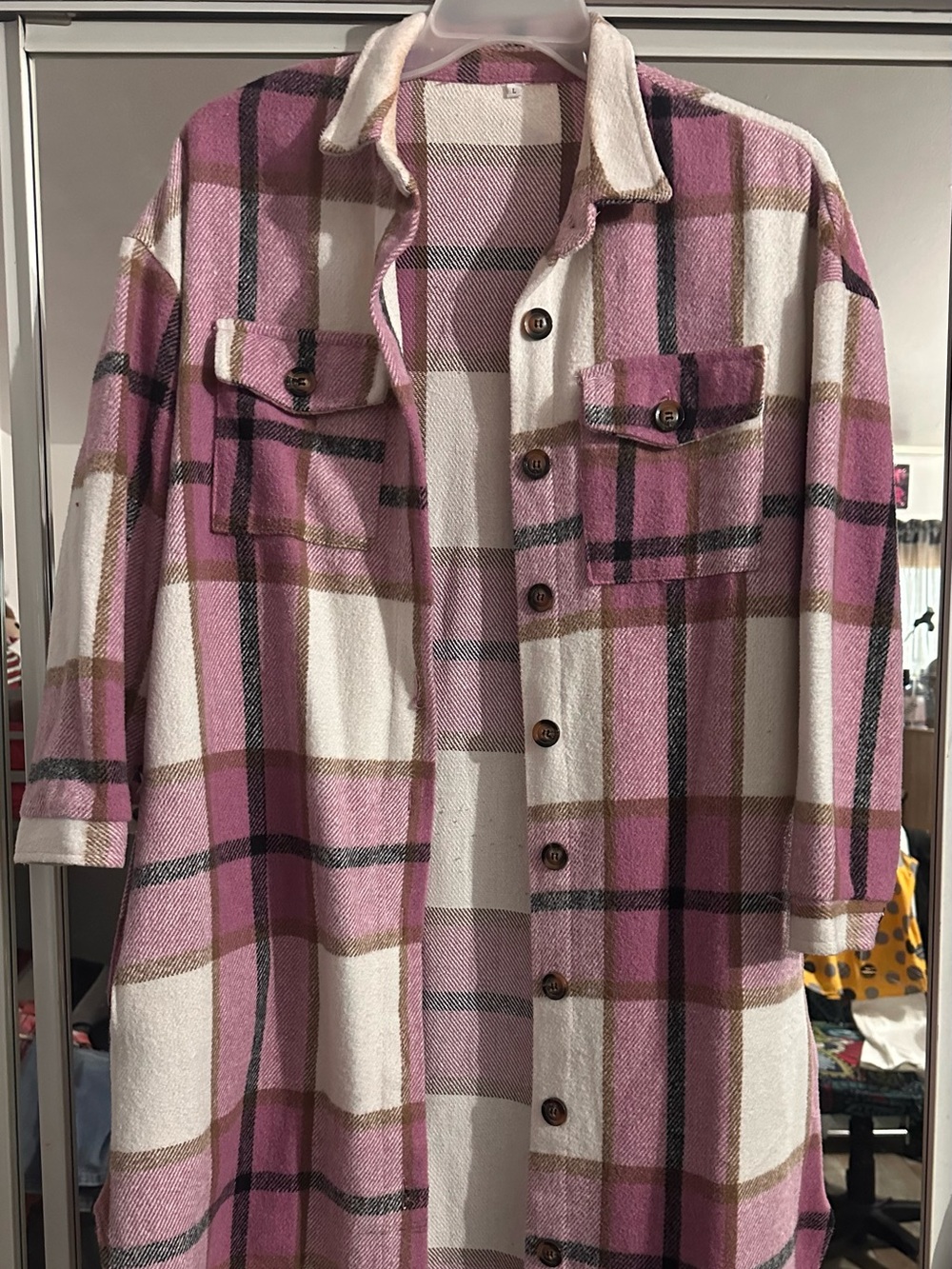 Women's Long Pink Plaid Utility Jacket with Chest Pockets and side pockets